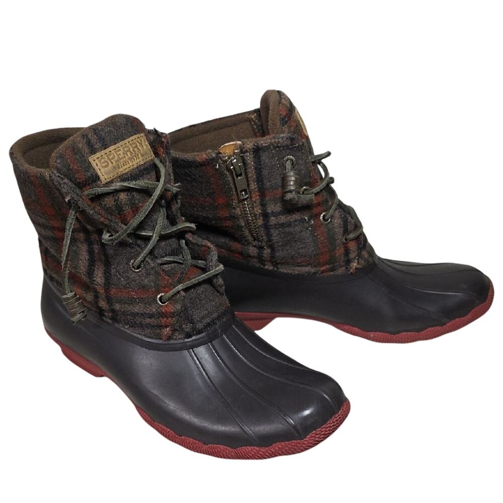 Sperry Saltwater Brown Plaid Duck Boots Womens Size 9